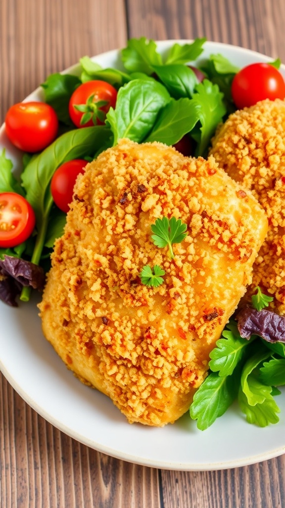 Crispy parmesan air fryer chicken on a plate with salad, garnished with parsley.